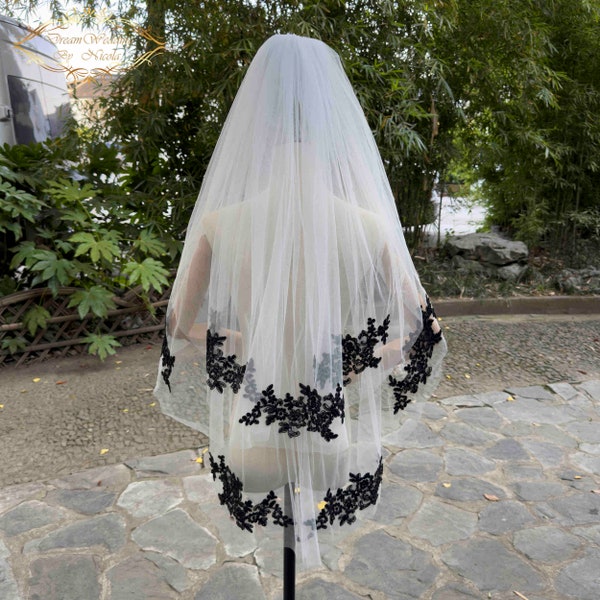 Black sequin lace fingertip wedding veil Blusher Bridal Veil with blusher fingertip veil 2 layer Wedding Veil Ivory Veil Black veil VL70