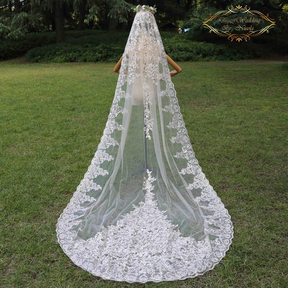 Champagne Cathedral Wedding Veil: Sequined Lace Bridal Veil  display picture 1