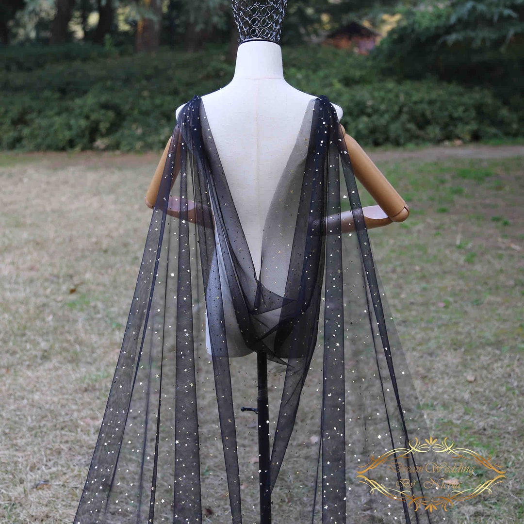 Glitter Gold Star Sequin Black Bridal Chapel Wedding Cape Shawl Poncho
