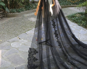 Black Sequin Lace Cathedral Wedding Cape: Gothic Bridal Veil
