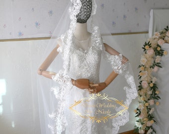 Mantilla Brautschleier mit Spitze: Kathedralen Länge, Weiß