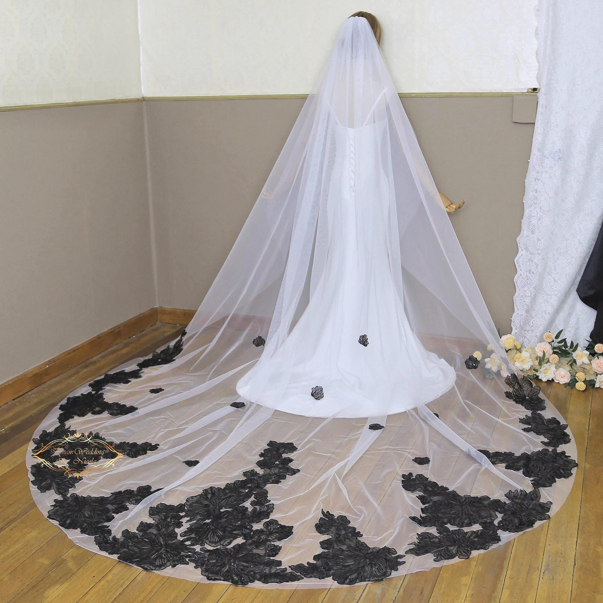 Embroidered Black Sequin Floral Lace Cathedral Wedding Veil  display picture 1