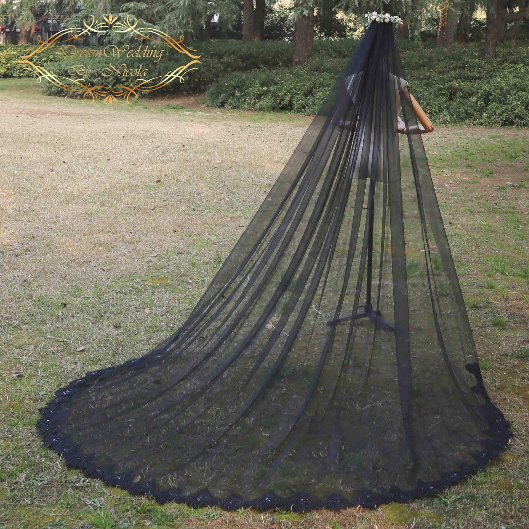 Handmade Beaded Black Lace Cathedral Veil - Gothic Wedding 