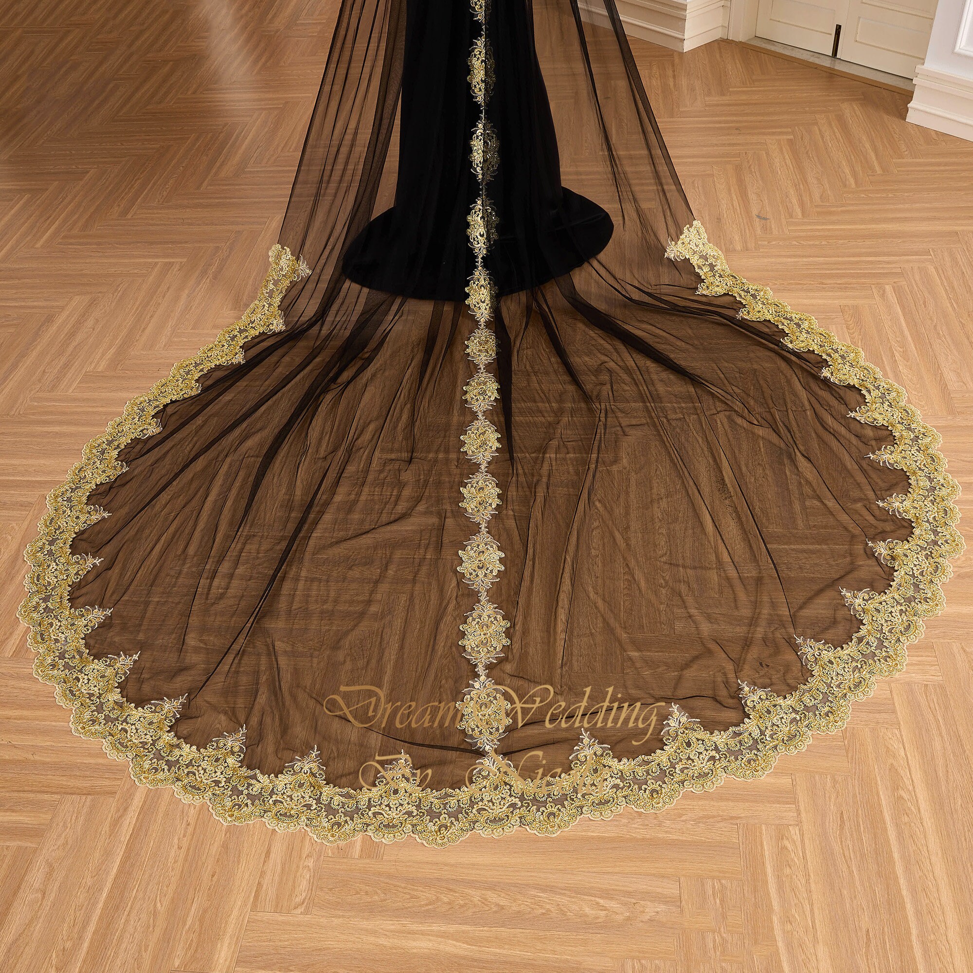 Gothic Cathedral Wedding Veil: Black Tulle With Gold Lace Sequin