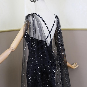 Black Sparkle Veil Cathedral Wedding Veil Cape Silvery Cape Sequin Glitter Star Cape Floor Length Cape Black Gold Star Cape Long Bridal Cape