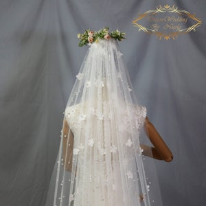 3D Flower Pearl Cathedral Wedding Veil - Light Ivory Tulle