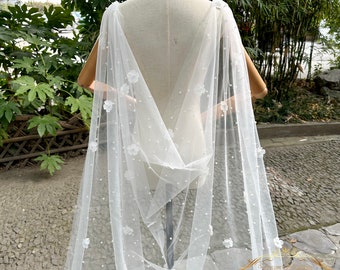 Scattered Flowers Bridal cathedral cape veil Pearl Wedding Cape Flower pearl Chapel cape with flowers bridal veil long cape cape style veil