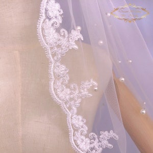 Cathedral Wedding Veil with Pearls: Lace Bridal Veil, Handmade