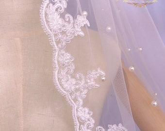 Wedding veil with Pearls Veil Cathedral Wedding Veil white ivory veil wedding Pearls lace bridal veil Church wedding veil lace pearl veil
