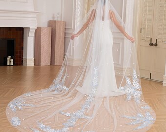 Light blue floral lace veil, cathedral length wedding veil, off white soft tulle, 3D flower bridal accessory, something blue veil