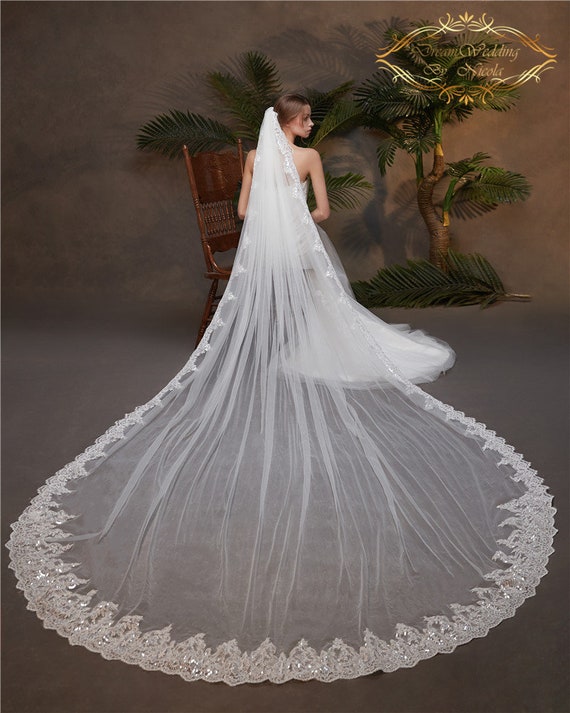 Layers Wedding Bridal Veil Lace White Cathedral Length Birdcag Edge Bride 