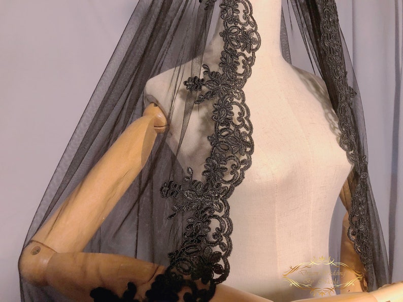 Black Lace Trim Wedding Veil Bride Single Layer Black Lace Etsy