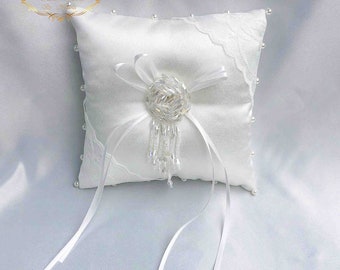 Pearl Lace Wedding Ring Pillow: Light Ivory Satin, Handmade