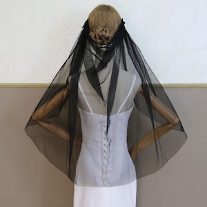Black Floral Lace Bridal Cape Veil - Draped Fingertip Wedding Veil