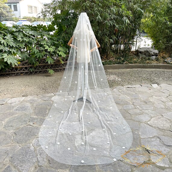 3D Pearl Flower Wedding Veil - Cathedral Length, Bespoke Bridal