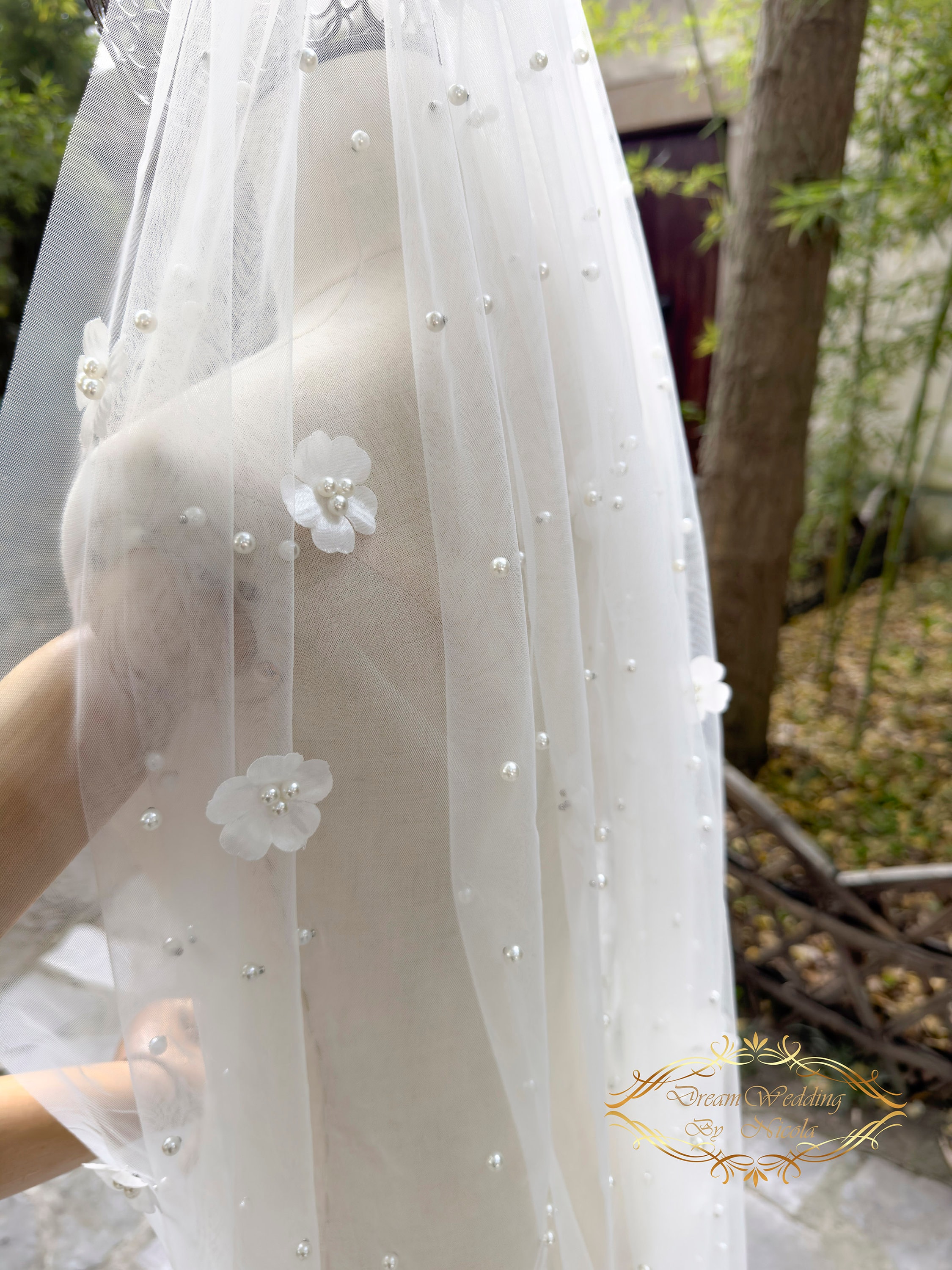 3D Pearl Flower Wedding Veil - Cathedral Length, Bespoke Bridal