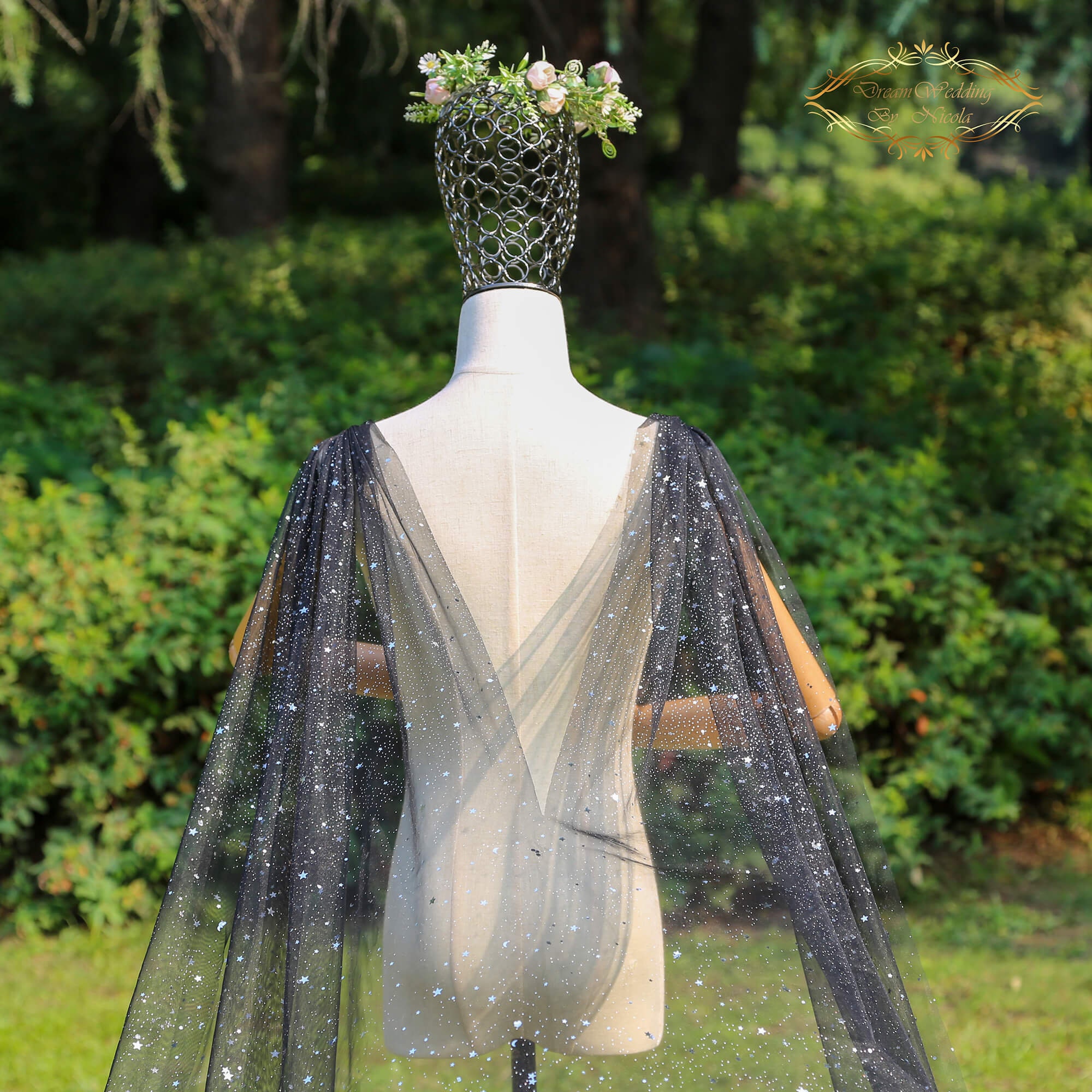 New! Milky Way Stars Black Glitter Bride cape Glowing stars black Cathedral cape veil Glitter Black Cathedral wedding veil wedding cathedral