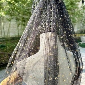 Starry Black Wedding Veil: Gold Glitter Tulle, Cathedral Length