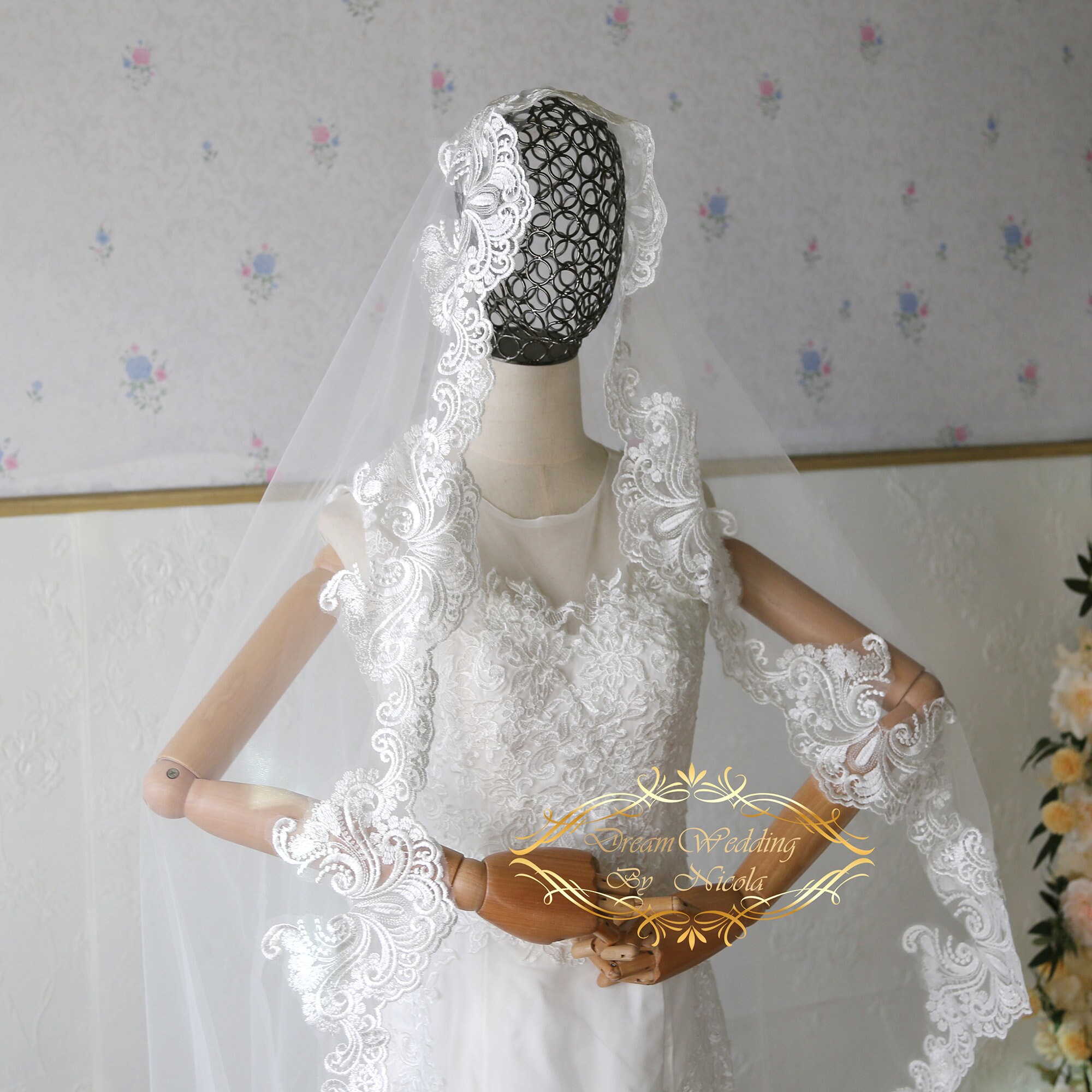 Lace Edged Mantilla Wedding Veil: Cathedral Length, off White - Etsy