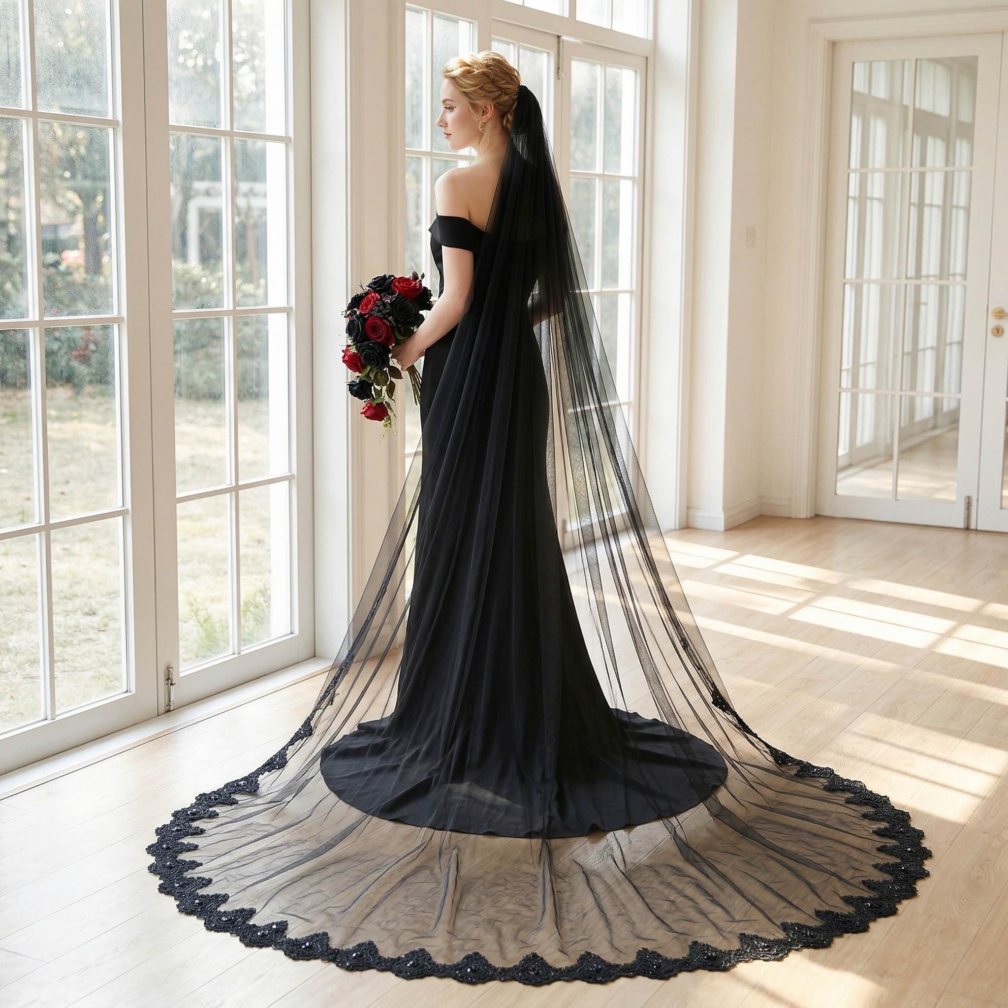 Black Cathedral Wedding Veil With Beaded Lace Edge for Gothic