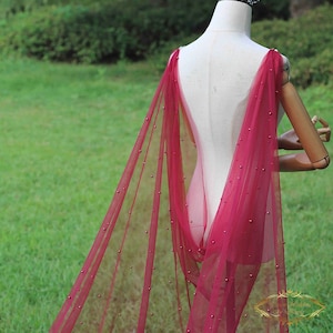 Burgundy pearl chapel length cape veil, bachelorette party pearl veil cape weights wedding magnetic brides pearl cathedral wedding cape veil