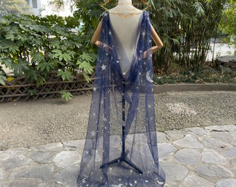 Enchanted Nights Navy Blue Cathedral Length Veil with Silver Sequin Stars Moon and Winged Horses A Must-Have for Every Bride black cape veil