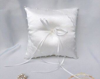 Lace & Pearl Wedding Ring Pillow: Light Ivory Satin, Handmade