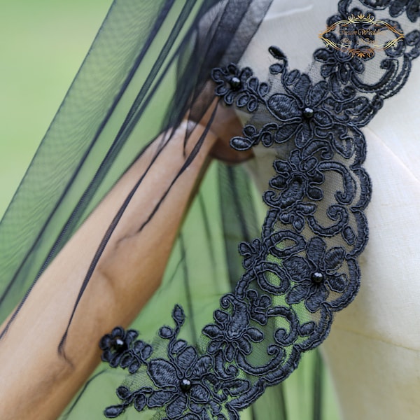 New black celestial wedding veil black lace pearl Wedding veil Black bridal dress with fingertip veil Waltz Bridal wedding Veil unique Veil
