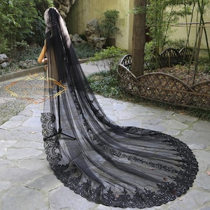Black lace veil Gothic wedding veil Black Cathedral Veil with sequined Lace black veil brides Cathedral wedding veil black bridal Veil VBC21