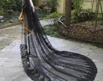 Black lace veil Gothic wedding veil Black Cathedral Veil with sequined Lace black veil brides Cathedral wedding veil black bridal Veil VBC21