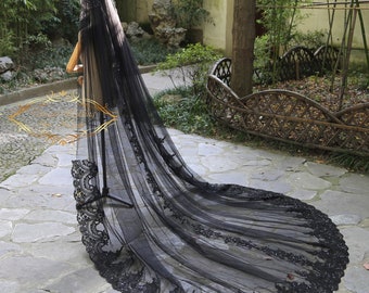 Black Veil with Sequin Flower - Vintage Inspired Lace - Luxurious Cathedral Length