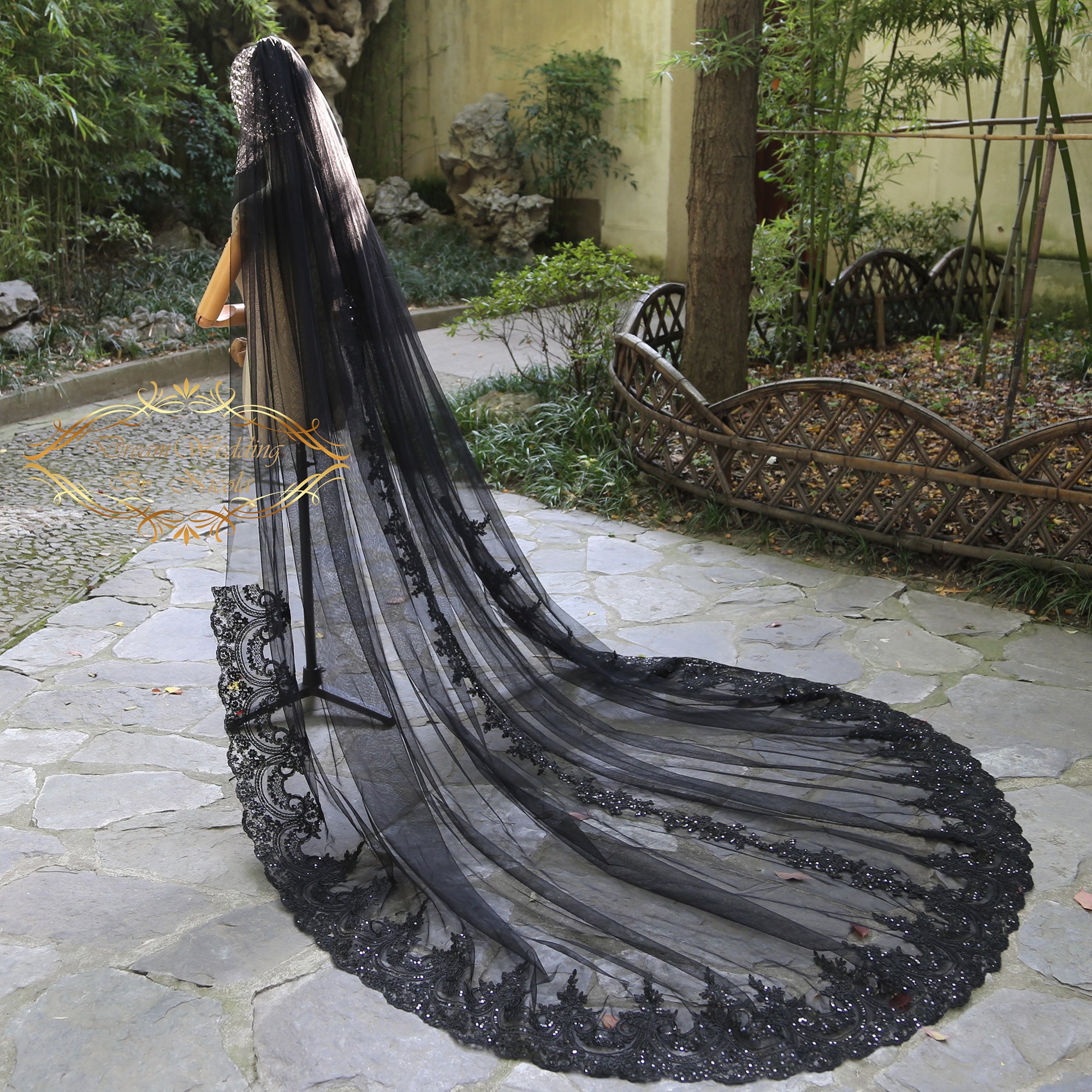 Black Veil With Sequin Flower - Vintage Inspired Lace - Luxurious