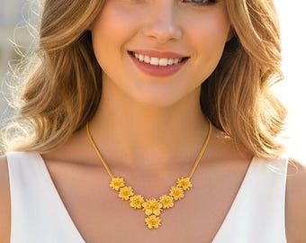 18 inch, 24K Gold Plated Flower Necklace, Handmade Thai Jewelry for Women