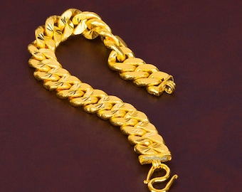 Mens Cuban Chain Bracelet: 24K Gold Plated Thailand Jewelry, Valentines Gift - DDP (Delivered Duty Paid)