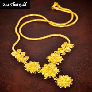 Handgemachte Thai Blumen Halskette: 24K Vergoldetes Messing, 46 cm