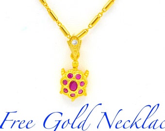 Turtle CZ Pendant: 24K Gold Plated Thai Baht Chain Necklace- DDP (Delivered Duty Paid)