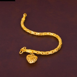 Heart Charm Bracelet,Snake Chain,Baht Chain 22K 24K Yellow Gold Plated Bracelet,Thai Gold Handmade Jewelry Women,Valentines Gifts