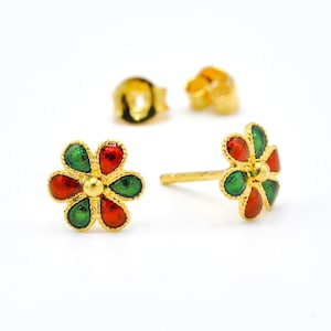 Enamel Flower Stud Earrings: 24K Gold Plated Thai Jewelry- DDP (Delivered Duty Paid)