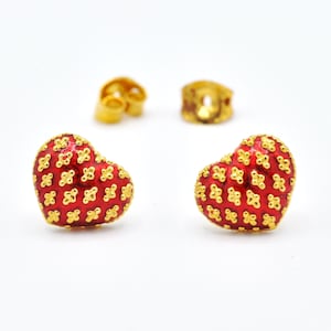 Thai Gold Jewelry,Heart Gold Stud Earrings,24K Yellow Gold Plated Earrings,Gold Jewelry Women,Enamel Handmade Earrings,Birthday Gift for her