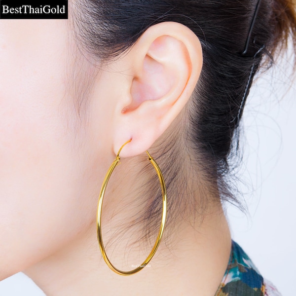 Large Hoop Earrings,Baht Chain 22K 24K Yellow Gold Plated Round Hoop Earrings,Large Polished Hoops,Minimalist Earrings,Cartilage Earrings