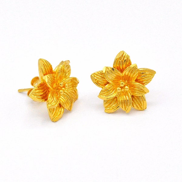 Flower Studs Earrings,Thai Gold Jewelry,Asia Vintage Gold,Baht Chain 24K Yellow Gold Plated Earrings,Wedding Jewelry,Birthday Gift for her