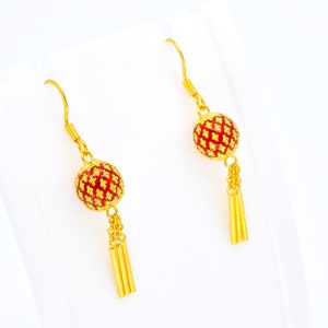 Red Enamel Drop Dangle Earrings,Thai Jewelry,Thai Event,Thai Wedding,Gold Earring,22K 24K Yellow Gold Plated Earrings,Birthday gift for her