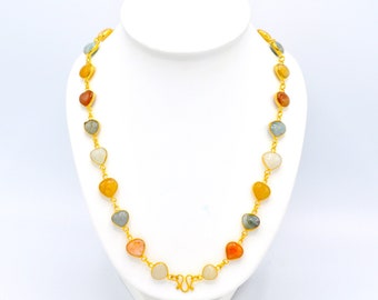 Collier vintage en pierre délicate, collier chaîne à maillons de perles, bijoux thaïlandais, or baht, plaqué or jaune 22 carats 23 carats 24 carats, collier couleur pierres porte-bonheur