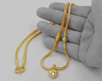 24K Gold Plated Heart Necklace: Thai Baht Chain, 20 inch