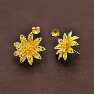 Joyas de oro tailandesas, pendientes de flores, oro vintage asiático, pendientes chapados en oro amarillo de 24 quilates con cadena Baht, joyas para bodas, cumpleaños y regalos de Navidad.