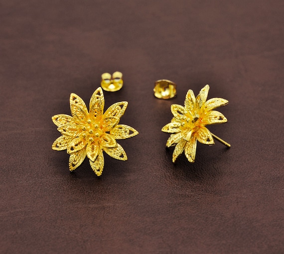 Thai Gold Jewelry,flower Studs Earrings,asian Vintage Gold,baht Chain 24K  Yellow Gold Plated Earrings,wedding Jewelry,birthday Gift for Her - Etsy