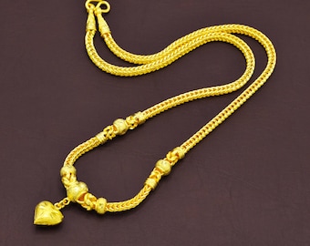 24K Yellow Gold Plated Heart Charm Necklace : Thai Jewelry for Women, Wedding Jewelry , Mama Gift, Gift for her - DDP (Delivered Duty Paid)
