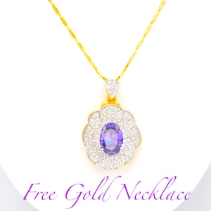 パープル CZ ペンダント フリーゴールドチェーンネックレス、ゴールドウェディングジュエリー、CZ ブローチ、22K 24K イエローゴールドメッキネックレス、レディースジュエリー、誕生日ギフト