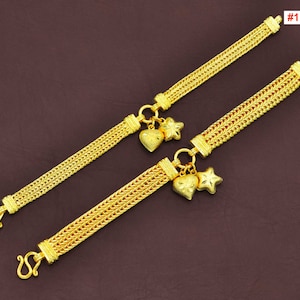 Star Heart Charm Gold Bangle Bracelet,Thailand Gold Bracelet,Baht Chain 24K,Wedding Handmade Jewelry,Asia Gold Jewelry,Birthday Gift for Her