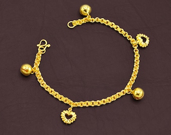 24K Gold Plated Heart Bell Charm Bracelet, Thai Handmade Jewelry